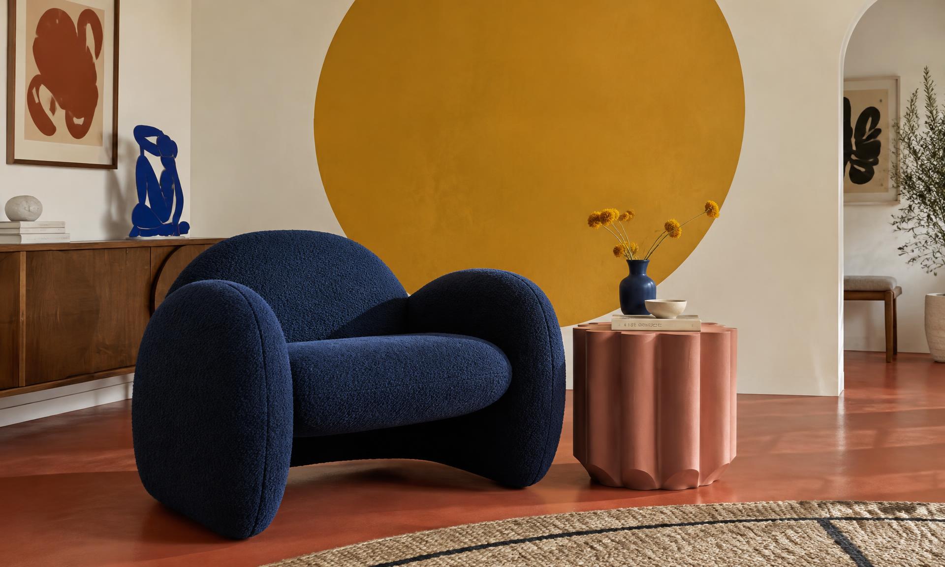 Sculptural blue bouclé lounge chair before an ochre circle